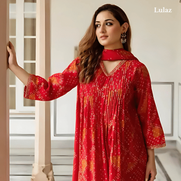 Red Cotton Suit-Bandhani Print & Embroidery