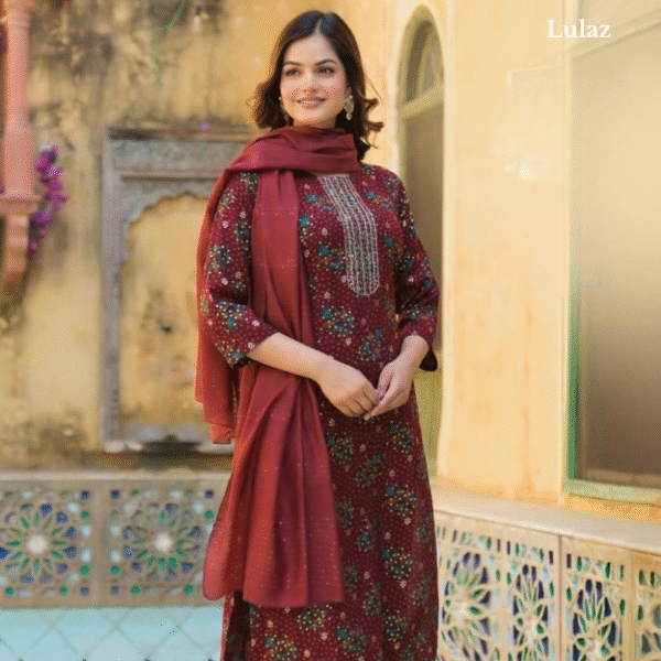 Rayon-Maroon Floral Set
