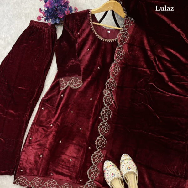 Red Pakistani Velvet Floral Kurta Set