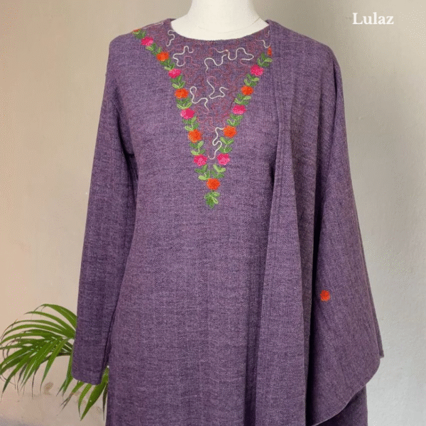 Ludiana Woolen Purple Floral Embroidered Kurta Set