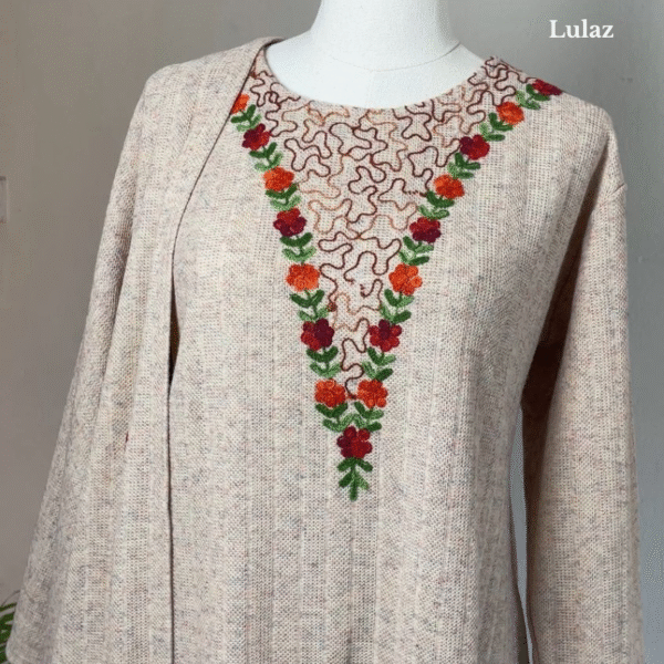 Ludiana Woolen Light Beige Floral Embroidered Kurta Set
