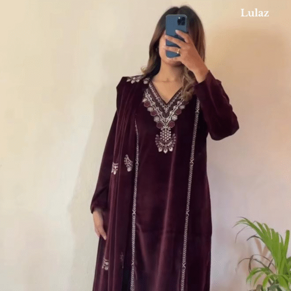Premium Deep Wine Velvet Kurta Set